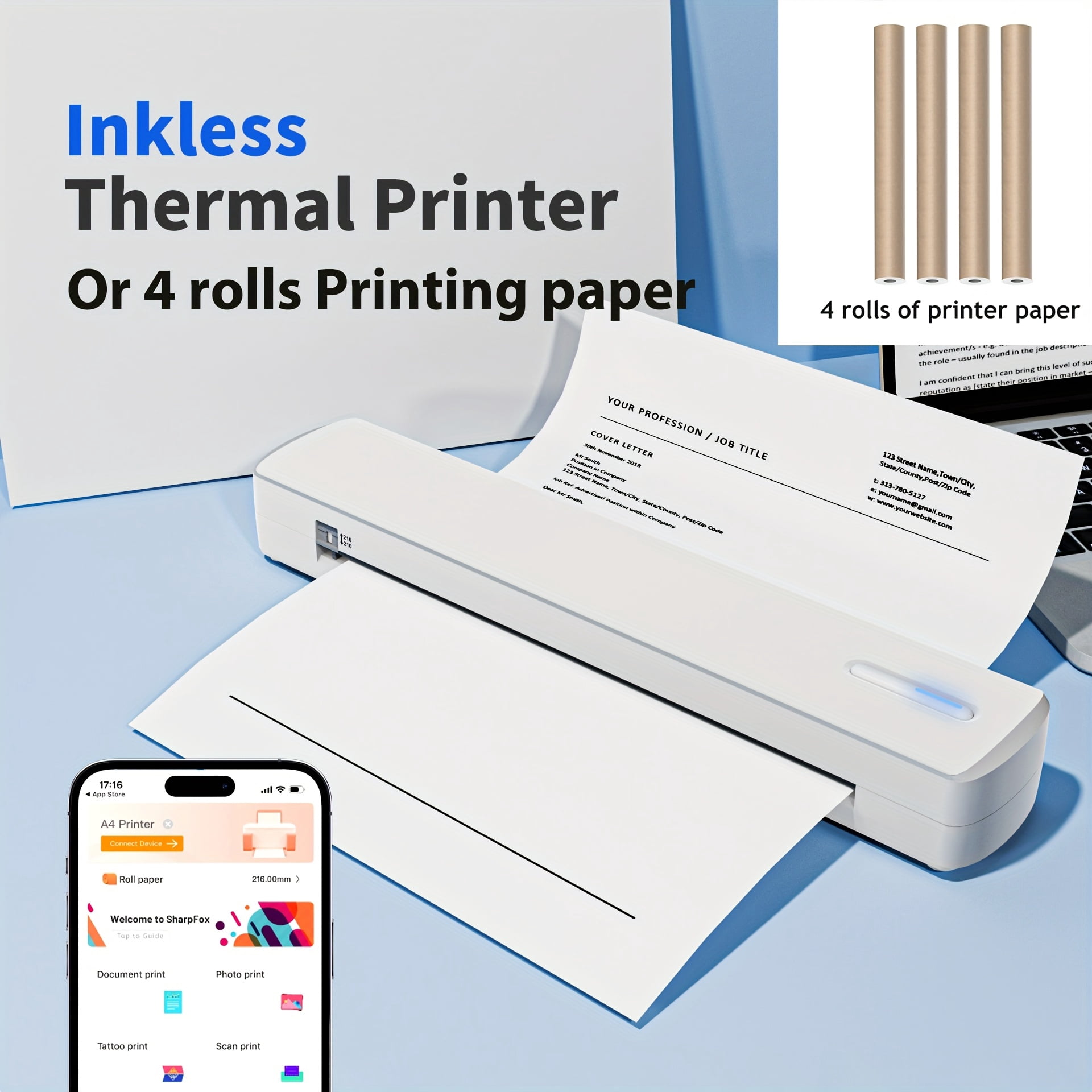 4 Rolls Of Printer Paper Sold Separately, Portable Thermal Printer with 10 Tattoo & 10 Folding, Inkless Thermal Printer Ideal for Office, Home, School