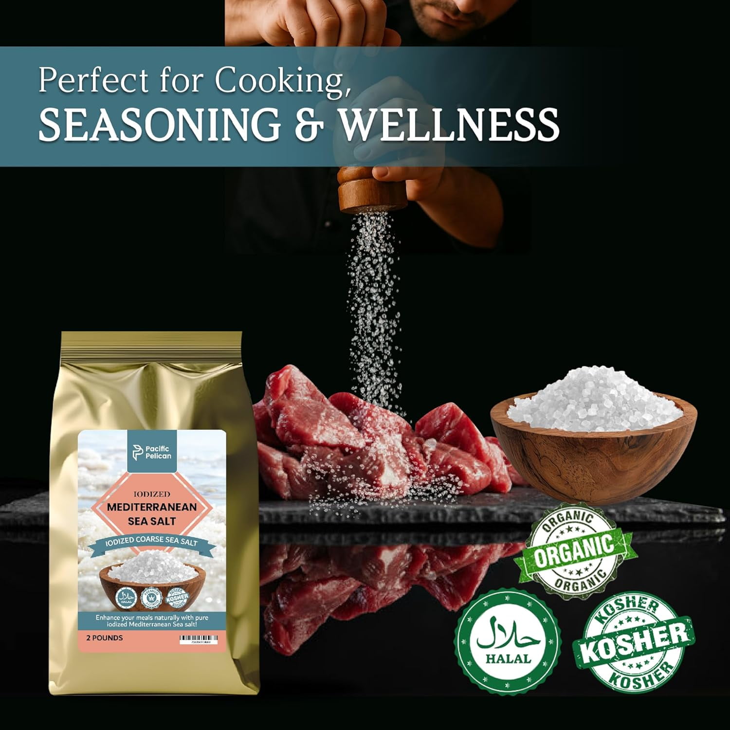 Pacific Pelican Iodized Mediterranean Sea Salt – 2 Pounds – Coarse Grain | Pack of 2 | Natural, Pure Sea Salt for Cooking, Seasoning & Wellness