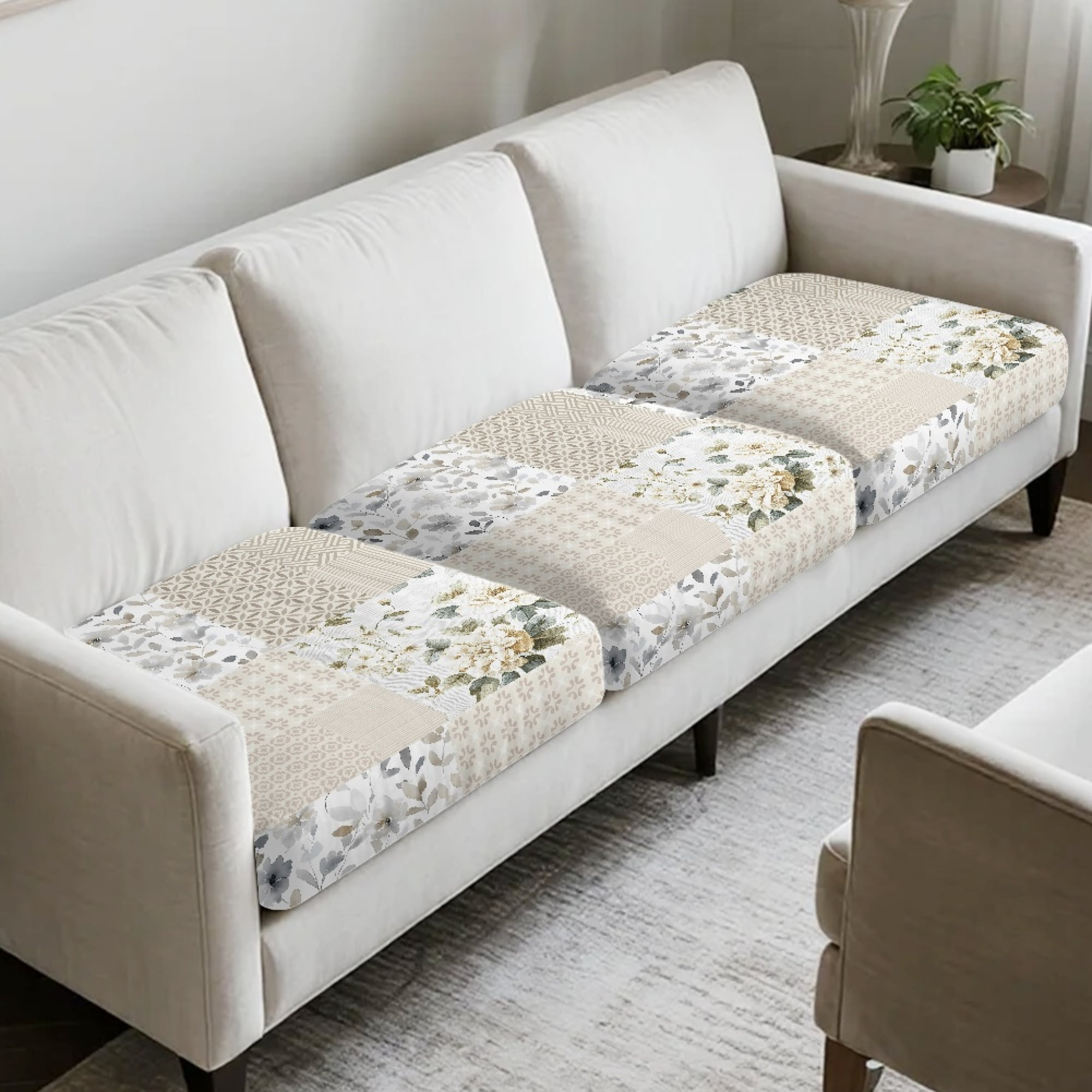 TSOVTHRID Beige Flower Patchwork Print Couch Cushion Covers, Soft Cushion Couch Sofa Slipcovers Anti Slip Sofa Seat Covers Washable Furniture Protector for Living Room Decoration, 24x24 Inch
