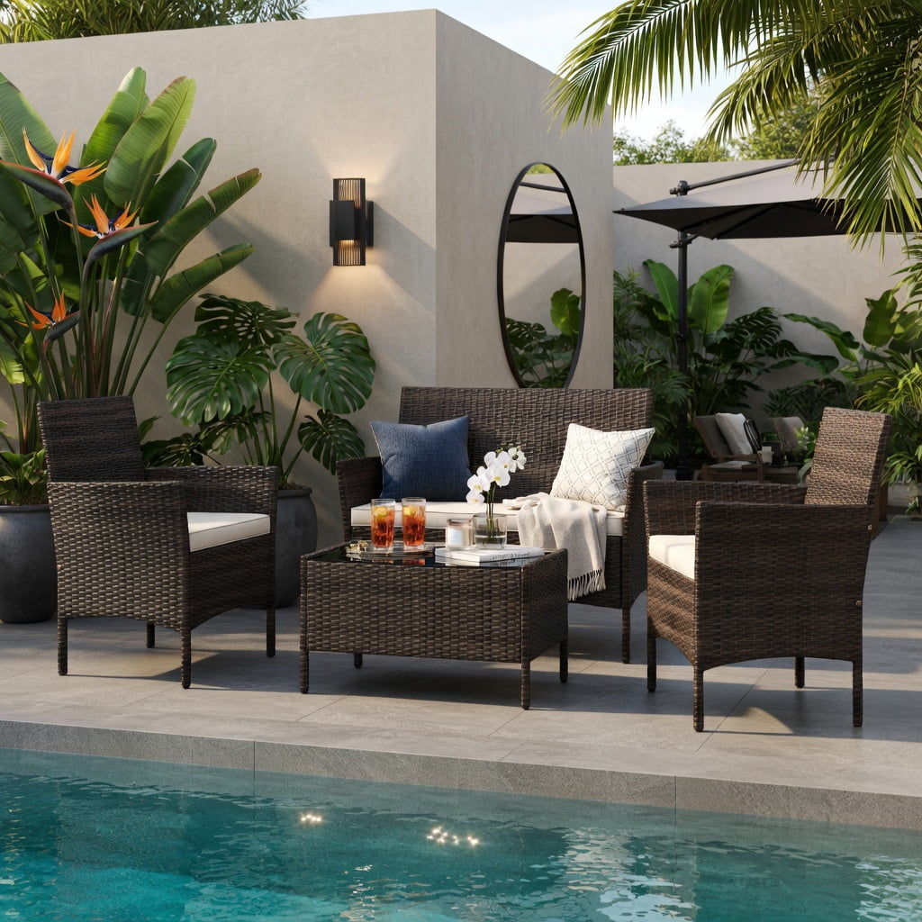 Hommoo 4-Piece Outdoor Rattan Patio Conversation Set with Plush Cushions, Loveseat, 2 Chairs & Tempered Glass Coffee Table, Weather-Resistant PE Wicker for Backyard, Poolside & Porch, Brown