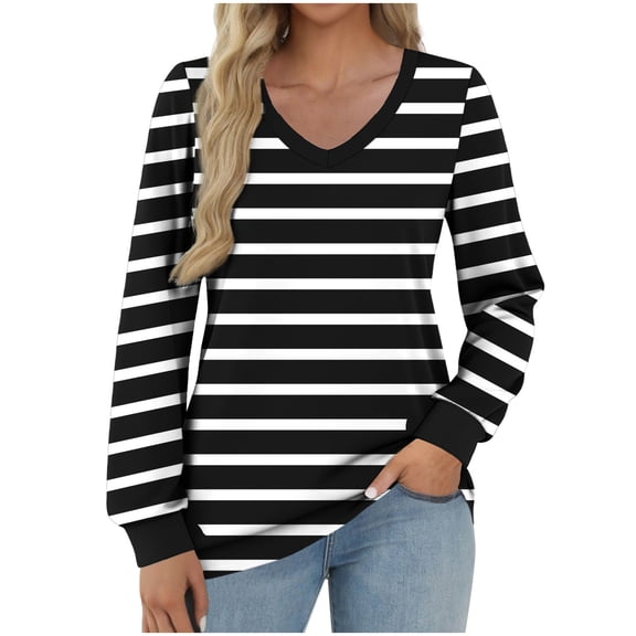 yievot Long Sleeve Tops for Women Striped Printed V-Neck T Shirts Casual Loose Fall Fashion Clothes Trendy Tunics