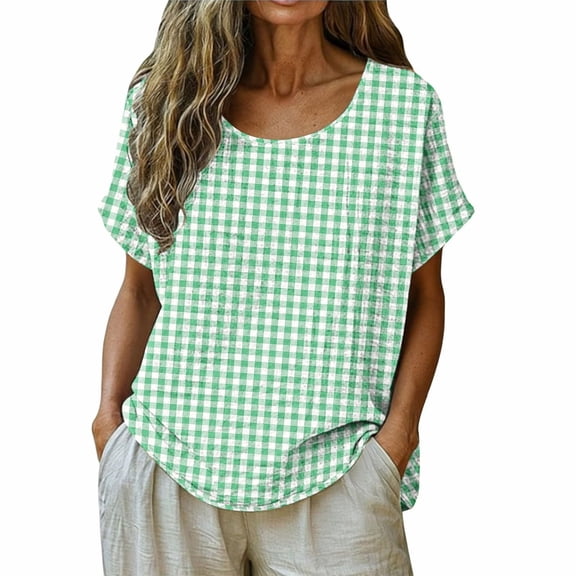 Kezqiaxn Womens Plus Size Tops Pullover Short Sleeve Crew Neck Loose Fit Shirts Blouses Fashion Clothes 2026