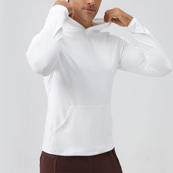 Running Hoodies for Men with Front Pocket Quick-Drying Pullover Long Sleeve Shirts Mens Casual Solid Color Stretchy Slim Athletic Workout Hoodie Tops