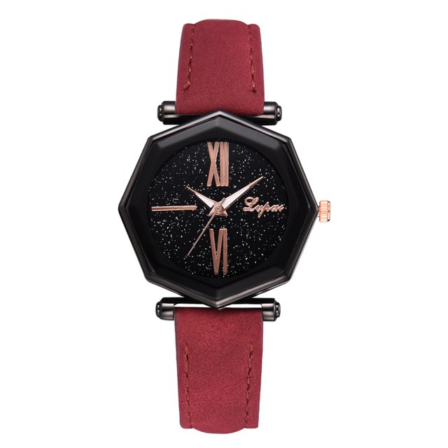 Reloj de cuarzo con esfera negra geométrica simple Reloj de pulsera con correa de cuero PU para mujer (rojo)