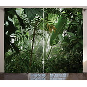 Ambesonne Rainforest Curtains, Tropical Rainforest Preservation Humidity Palm Tree Wild Environment Misty Nature, Living Room Bedroom Window Drapes 2 Panel Set, 108" X 90", Green White