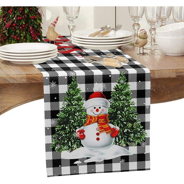 Christmas Black White Plaid Table Runner 70 Inches Long, Cute Snowman with Xmas Tree Buffalo Check Table Runner Washable Polyester Christmas Table Runner for Holiday Party Deocrations, 13" x 70"