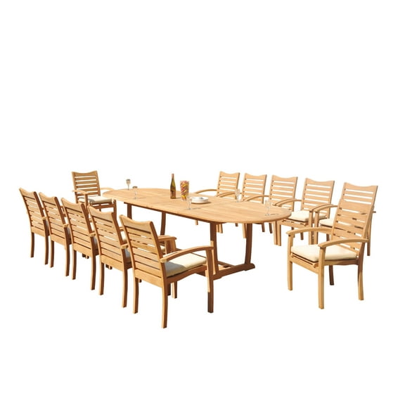 Grade-A Teak Dining Set: 12 Seater 13 Pc: 118" Mas Oval Trestle Leg Table And 12 Aspen Stacking Arm Chairs Outdoor Patio WholesaleTeak #51AP2713