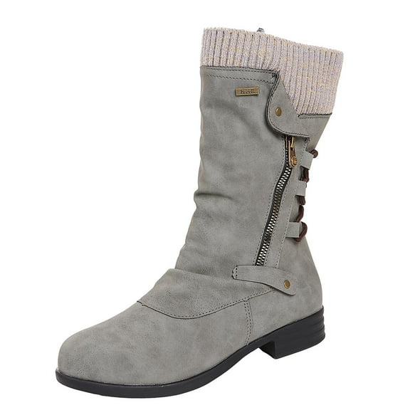 Juebong Women Boots Vintage Winter Zipper Mid-Calf Lace Up Slip On Retro Womens Shoes,Gray Size 8.5