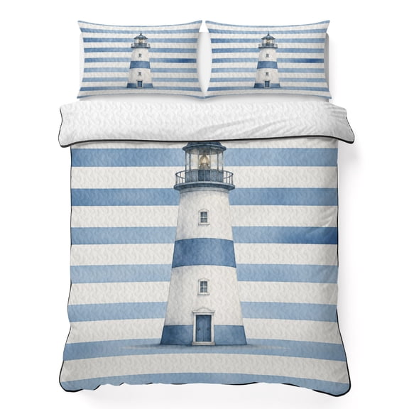 King Quilt Bedding Set Coastal Nautical Lighthouse Breathable Summer Cooling Blanket for Hot Sleepers, Summer Ocean Blue Line Lightweight Soft Bedding Set with 2 Pillow Shams for All Season