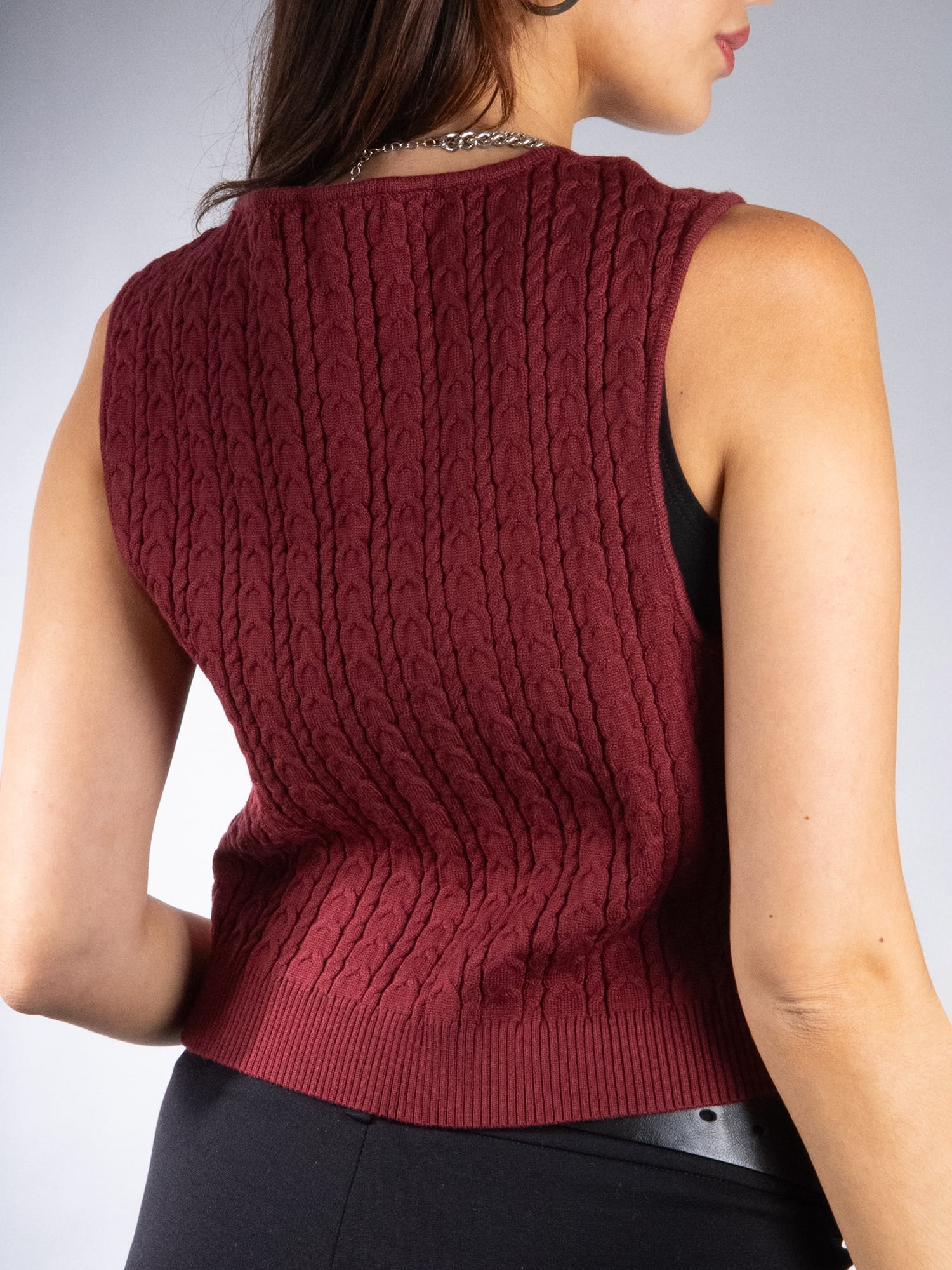 DARING DIVA Women's Stylish AK Cable Knit Tie Vest L Burgundy