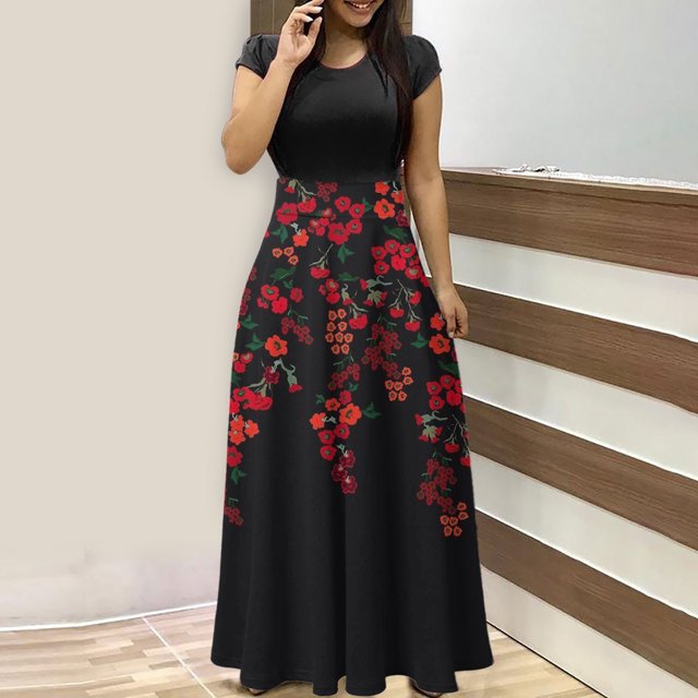 SMihono Robe Maxi Bohème d'Été pour Femmes Grande Taille Robe d'Été Colorée à Imprimé Floral pour Femmes Robes à Manches Courtes Robe Maxi Décontractée de Plage Robe Évasée de Plage