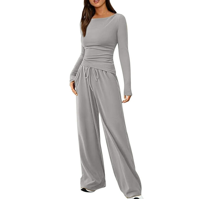 Timegard Womens Going out Sets 2 Piece Fall Casual Slim Long Sleeve Tops Wide Leg Pants Solid Color Sets