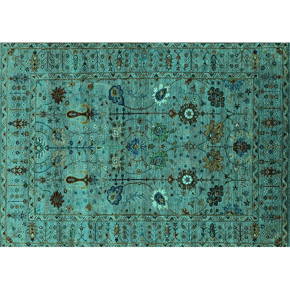 Ahgly Company Machine Washable Indoor Rectangle Oriental Turquoise Blue Industrial Area Rugs, 7' x 10'