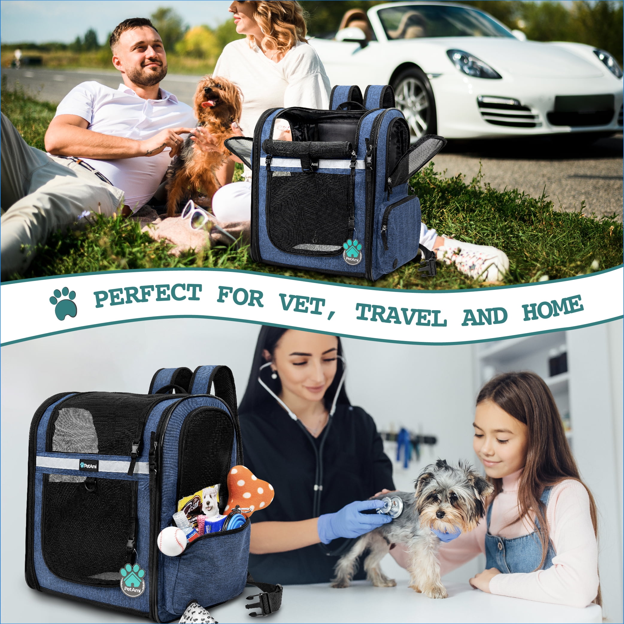 PetAmi Dog Backpack Carrier For Small Large Cat, Pet, Puppies, Ventilated Pet Hiking Backpack Travel Bag, Airline Approved Cat Backpack Carrier, Safety Back Support, Camping Biking, Max 18 lbs, Navy