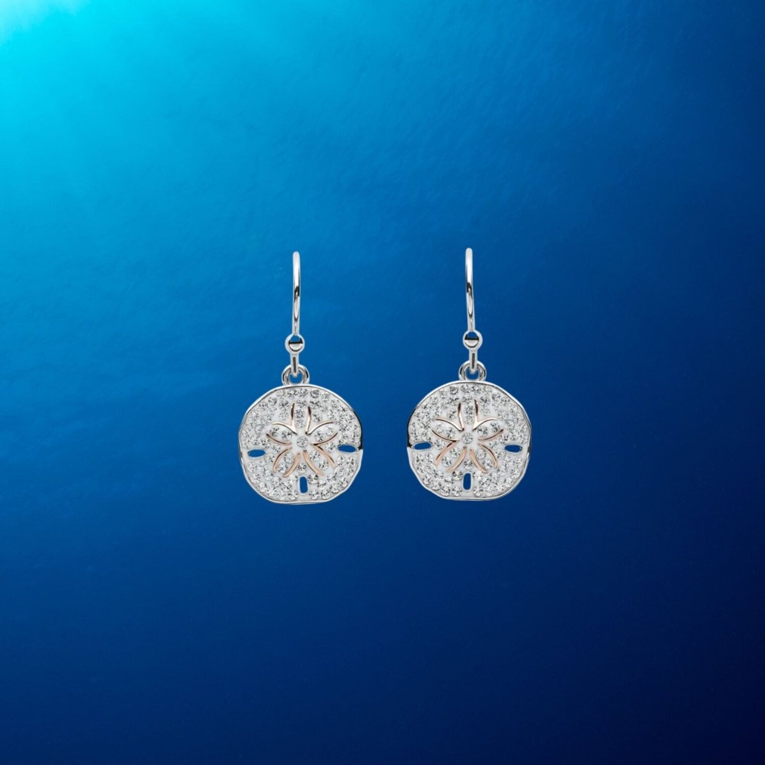 Sterling Silver Sand Dollar Drop Earrings with Clear Crystals