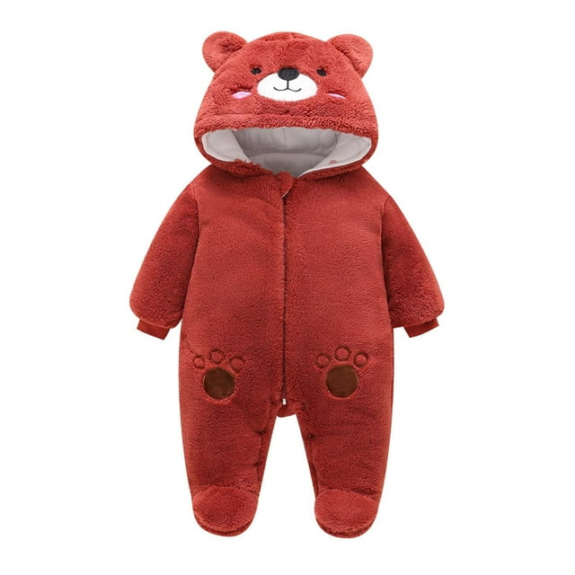 MIASHUI Barboteuse Ourson pour Bébé Combinaison d'Hiver Garçons Filles Chaude à Capuche, Rouge, 3-6 Mois