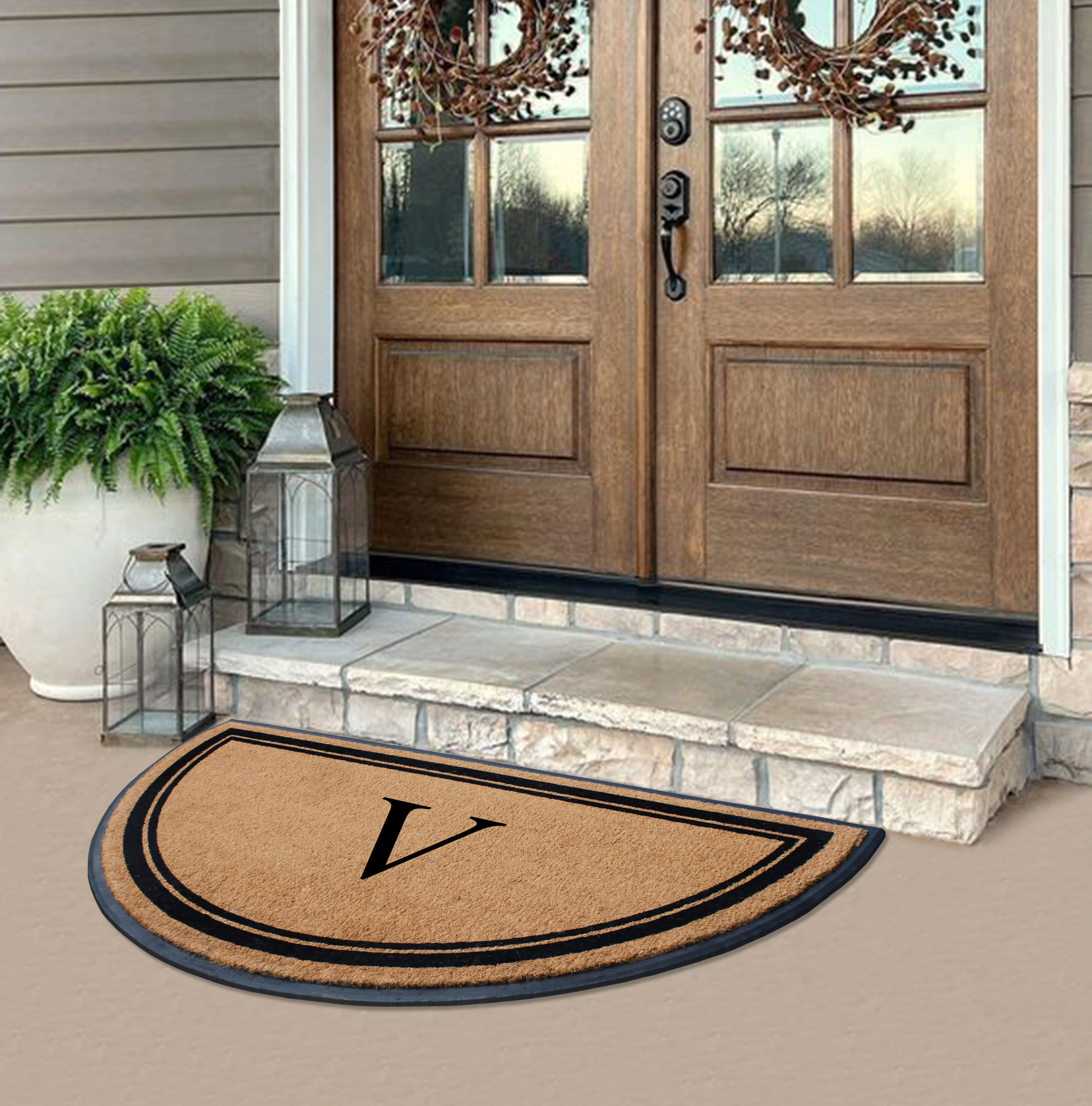 A1HC 36"x72" Natural Coir & Rubber Semicircular Monogrammed Door Mat, Thick, Durable, Heavy-Duty Welcome Mat for Front Door, Black Border