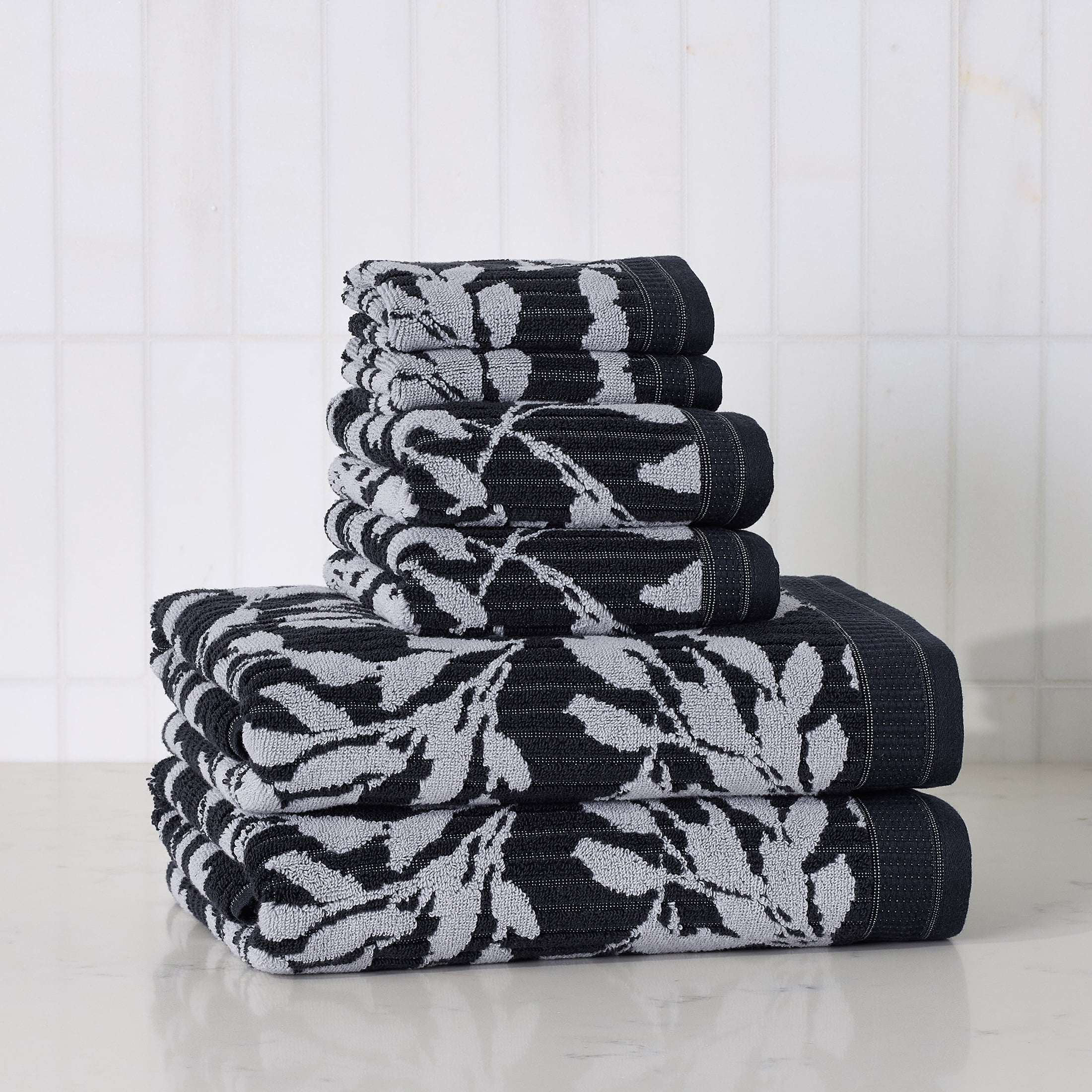 Better Homes & Gardens Signature Soft Floral 6 Piece Towel Set,Rich Black/Soft Silver