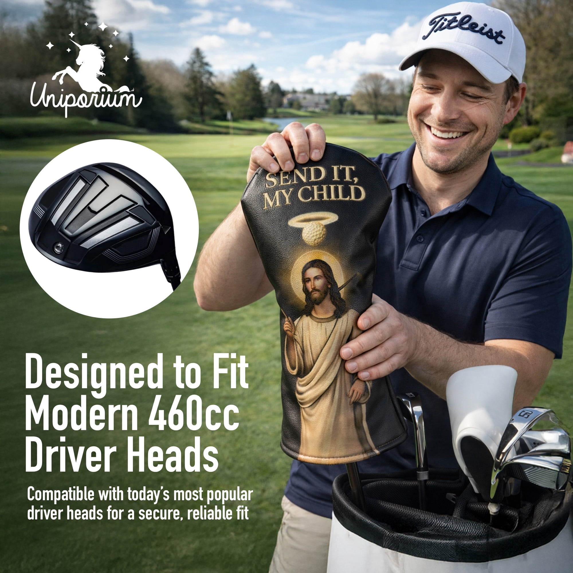 Uniporium Send It, My Child Novelty Head Cover – Premium PU Leather Golf Driver Headcover with Embroidered Details, Designed for Modern 460cc Drivers, and a Fun Golf Accessory and Gift
