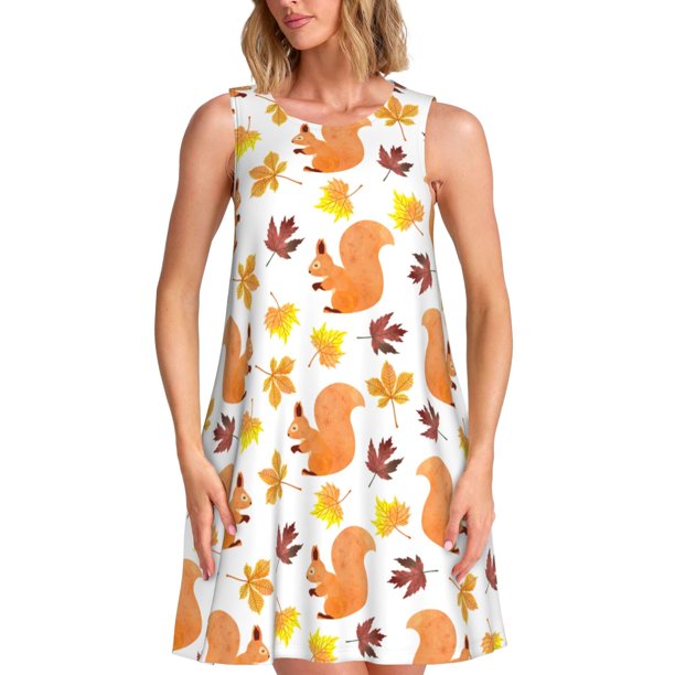 Easygdp Cartoon Squirrel para Vestido Transpirable de Mujer, Vestido Suelto de Manga Corta con Pliegues y Bolsillos para el Verano