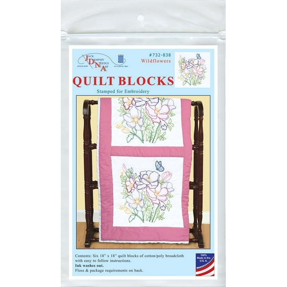 Jack Dempsey Stamped White Quilt Blocks 18"X18" 6/Pkg-Wildflowers