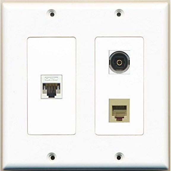 RiteAV - 1 Port Phone RJ11 RJ12 Beige 1 Port Toslink 1 Port Cat5e Ethernet White - 2 Gang Wall Plate