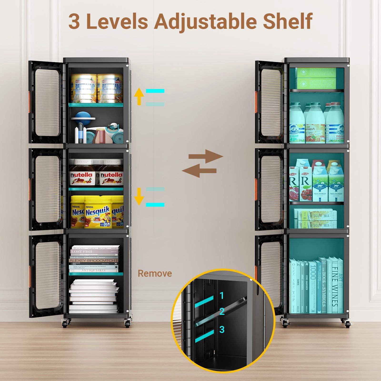 BROVIEW 1-Tier Tall Narrow Storage Cabinet Organizer, Slim Bathroom Cabinets with Doors and Shelves Adjustable, Plastic Kitchen Pantry Organizers and Storages for Small Space, Laundry, Black