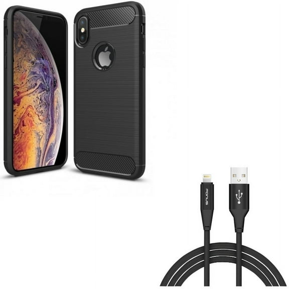 Case w 6ft USB Cable for iPhone XS/X - Carbon Fiber Slim Fit Cover Reinforced Bumper Shock Absorbent, Charger Cord Power Wire Braided Long for iPhone XS/X