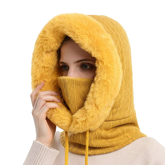 Decodeary Ensemble de Bonnet d'Hiver avec Protection Faciale, à Capuche, Pêche, Ski, Cyclisme, Vélo, Randonnée, Voyage, Tour de Cou, Tuque Thermique, Femme, Jaune