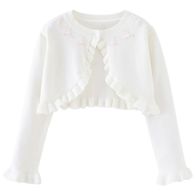 Girls Bolero Cardigan One-button Ruffle Open Front Cotton Knit Crop Shrug Jacket Toddler Kids Fall Spring Clothes (4 Years, White)