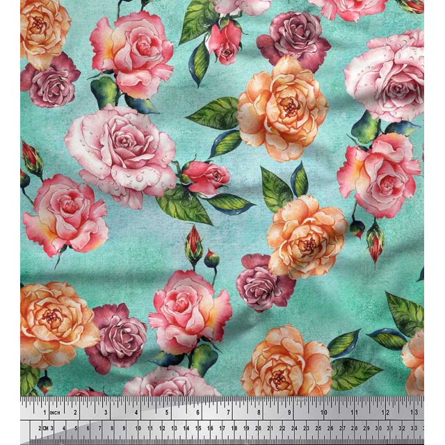 Soimoi Green Poly Georgette Fabric Leaves & Rose Flower Print Sewing Fabric BTY 52 Inch Wide