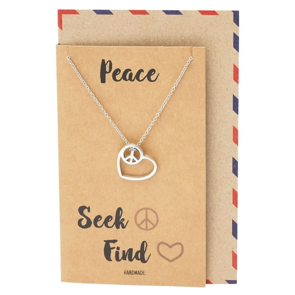Quan Jewelry Love Heart Peace Sign Pendant Necklace For Women with Inspirational Greeting Card - Silver tone