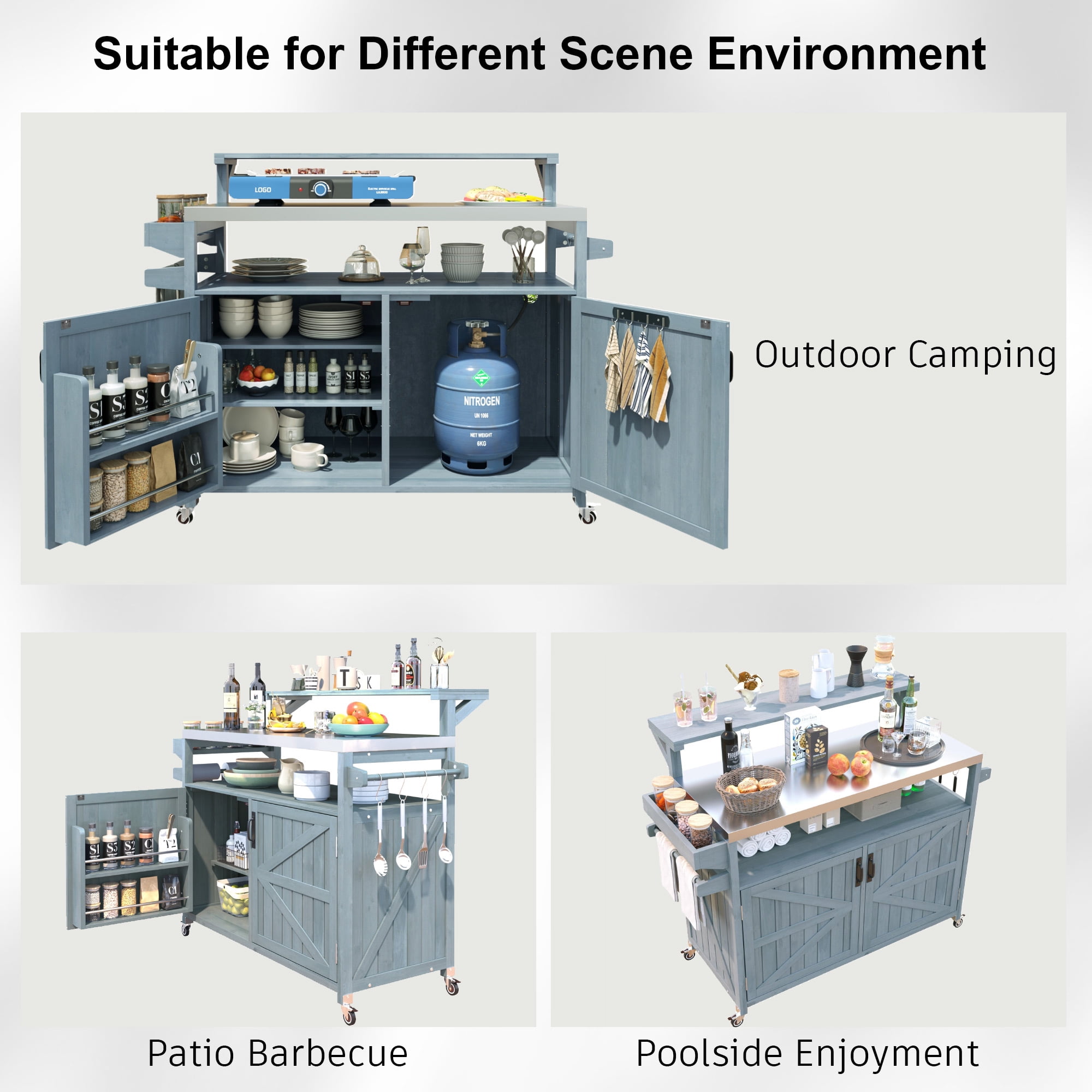 BIGWOO Outdoor Kitchen Island with Solid Wood Storage Cabinet with Stainless Steel Top, 53.3” Grayish Blue