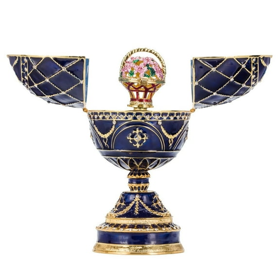 danila-souvenirs Faberge style Egg / Music Box / Trinket Jewel Box with Basket of Flowers 6.8'' (17 cm) blue