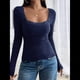 thumbnail image 5 of Camisas de Larga para Mujer, Cuello Cuadrado, Tops Cortos de Punto Acanalado, Conjuntos de Otoño, Ropa de Moda Azul Marino XL, 5 of 9