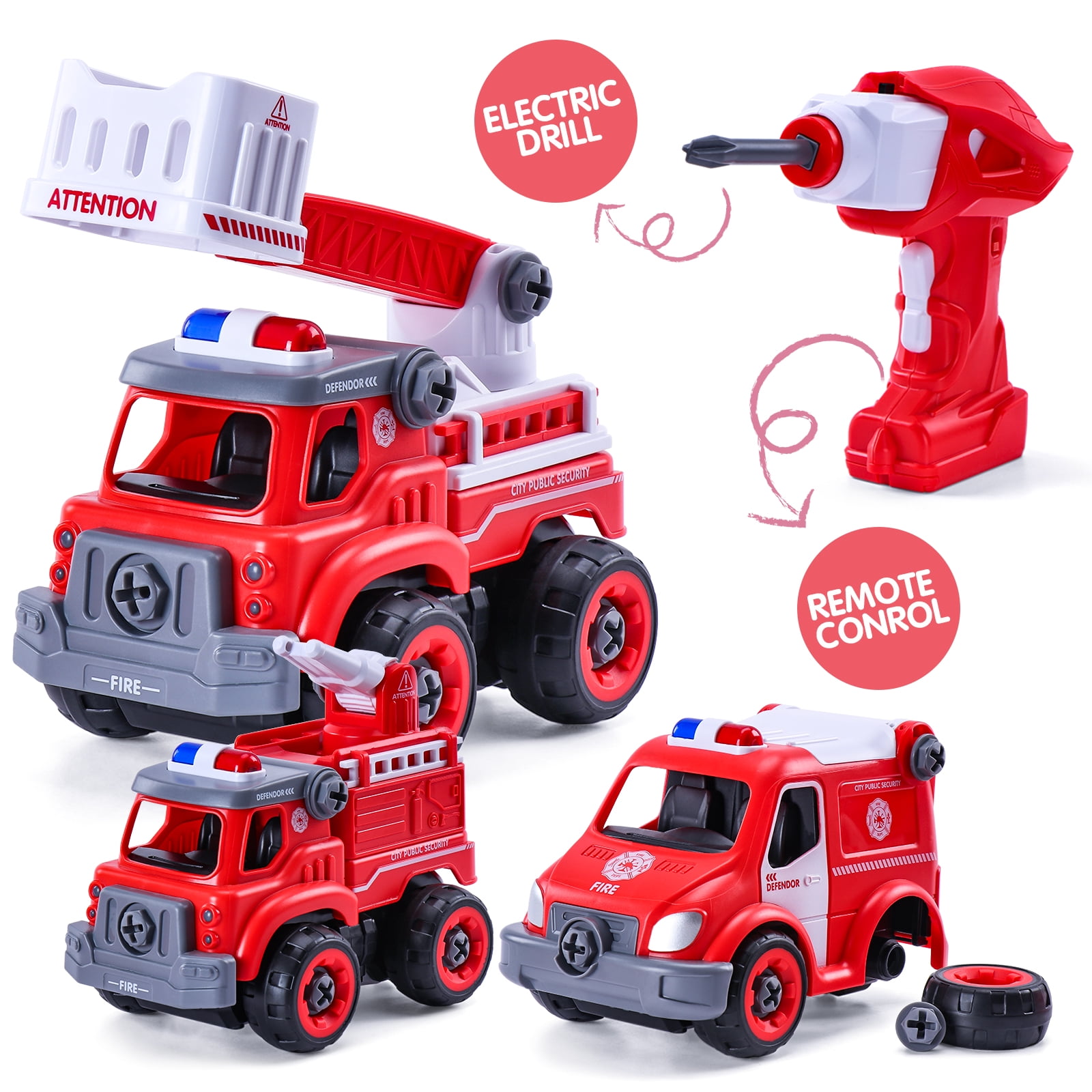 Kids Child RC Cars Take Apart Toys DIY Mini Fire Truck-With Working Drill