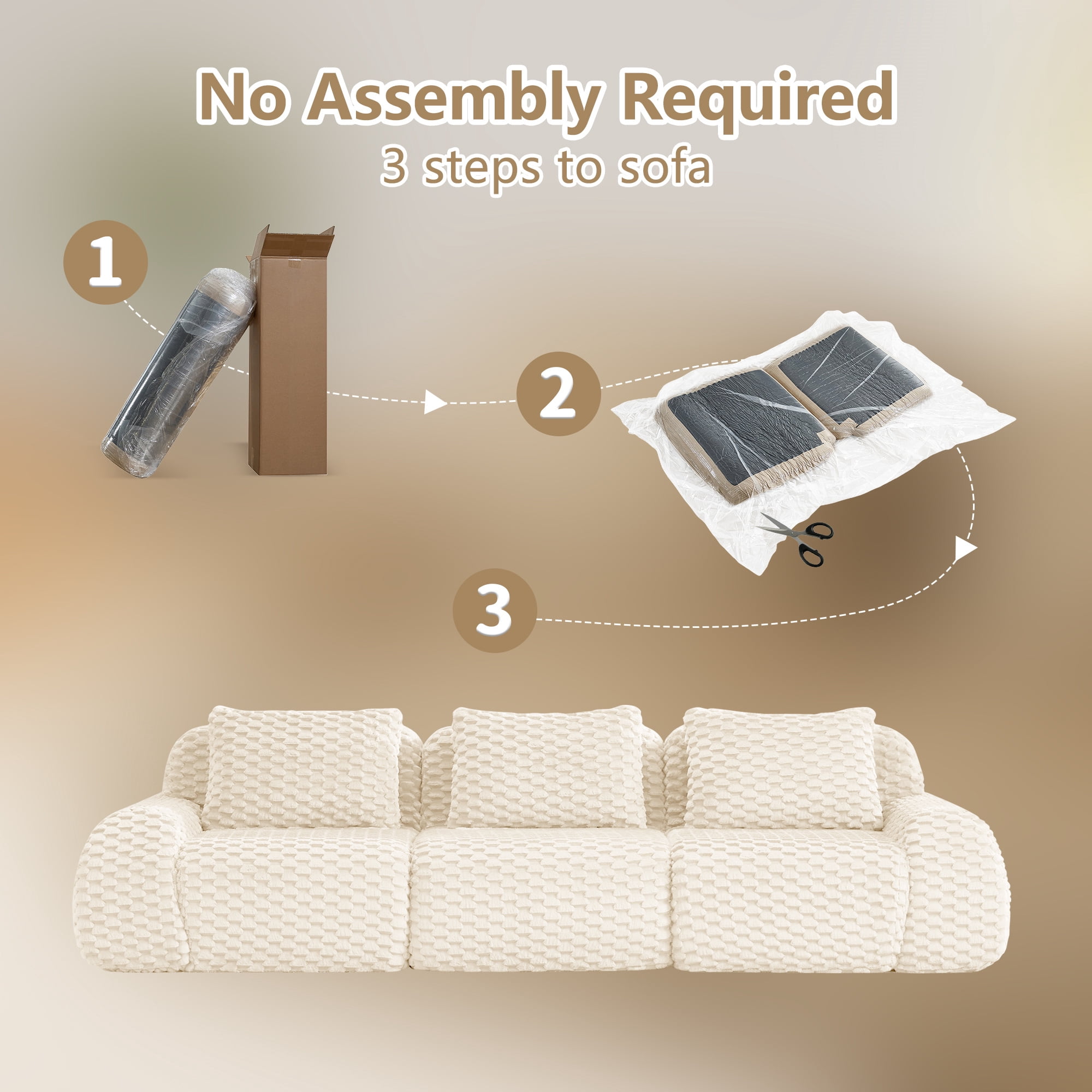 Aukfa 115" Overstuffed Cloud Sectional Sofa 3 Seat Modular Boneless Couch for Living Room, 3 Pillows, Flannel, Cream