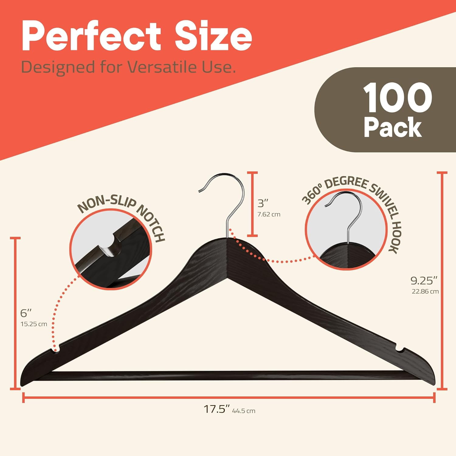 Brown Wooden Hangers 100 Pack – Heavy-Duty with 360° Swivel Hook, Non-Slip, Pants Bar & Shoulder Grooves - Wooden Hangers for Suits, Jackets, Dresses & Camisoles, Space-Saving and Smooth Finish