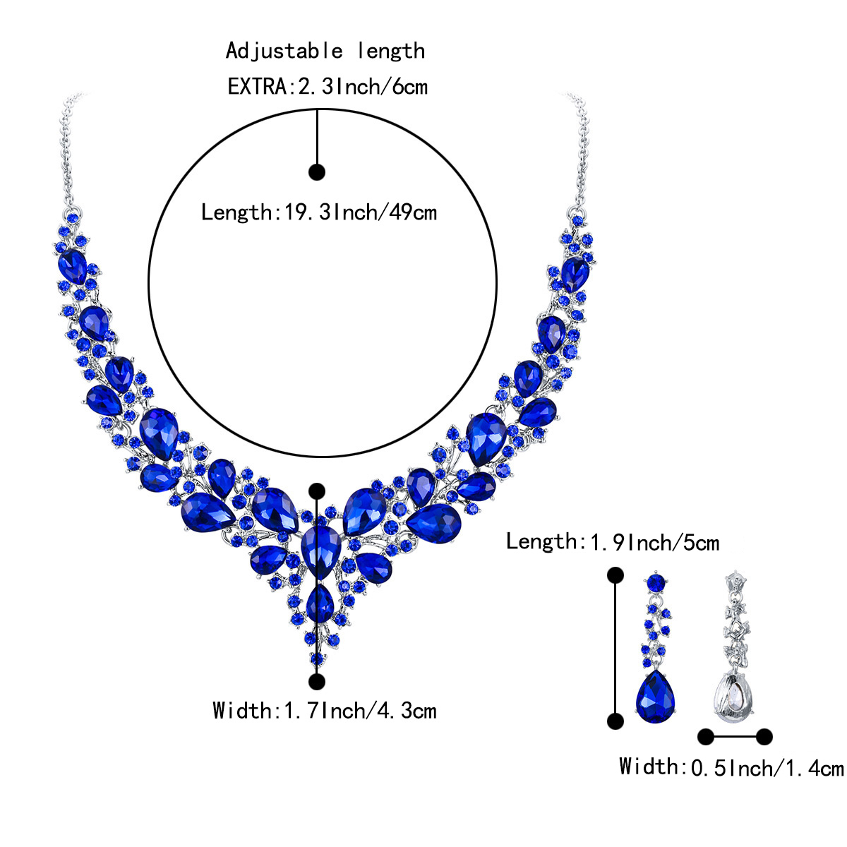 Wedure Wedding Bridal Necklace Earrings Jewelry Set for Women, Austrian Crystal Teardrop Cluster Statement Necklace Dangle Earrings Set Blue Silver-Tone - image 5 of 5