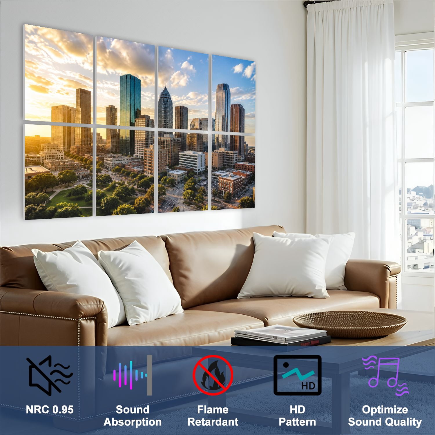 8 Pack Art Acoustic Panels Sound Absorbing Houston Texas Skyline Decorative Soundproof Wall Panels Self Adhesive for Nursery Game Room Bedroom 48"x32"
