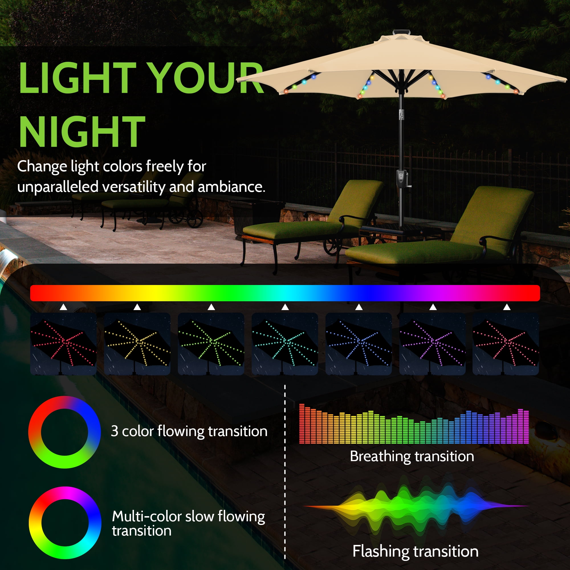 Scafild | 7.5ft Outdoor Patio Umbrella with Solar Lights, Outdoor Market Umbrella with Colorful LED Lights and Tilt and Crank - Beige