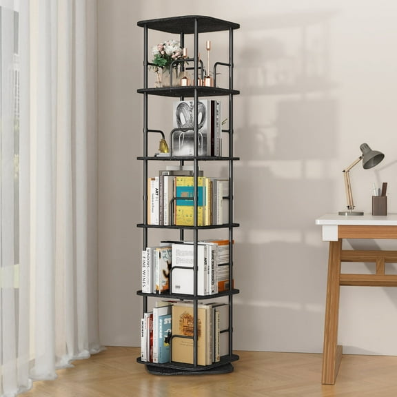 5 Tier Rotating Bookshelf, 360° Spinning Bookshelf Tower,Space Saving Floor Standing Corner Storage Organizer for Small Spaces, Square Revolving Bookcase for Home Office Living Room, Black