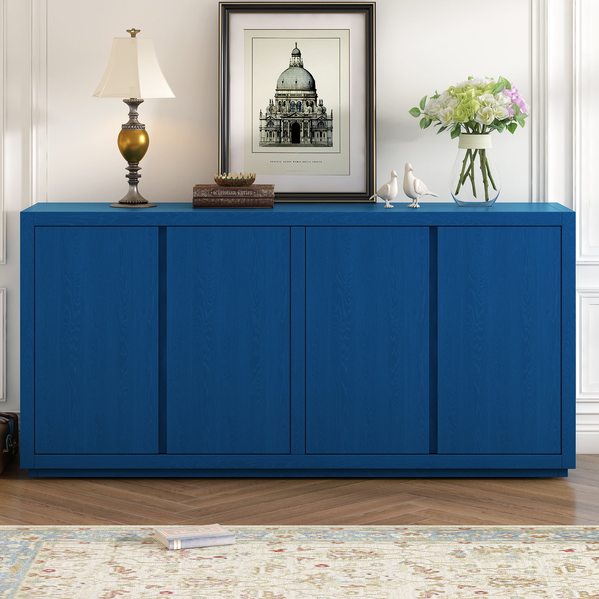 Lunale 63.1" Four-Door Sideboard Cabinet with Ash Veneer, Storage Buffet Cabinets for Entryway, Living Room, Blue
