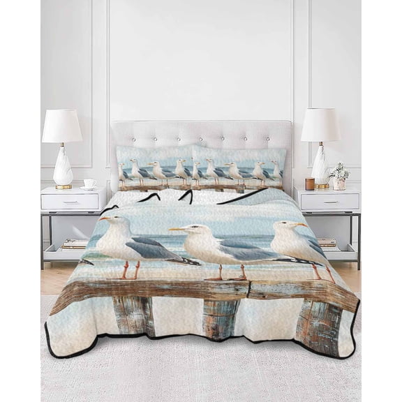 Quilts Twin Size, Coastal Seagull Soft Comforter Bedding Set for Bed, Summer Beach Ocean Bird Watercolor Lightweight Quilted Bedspread with Pillow Cover(2 Pieces) for All Season, 68x86 Inch