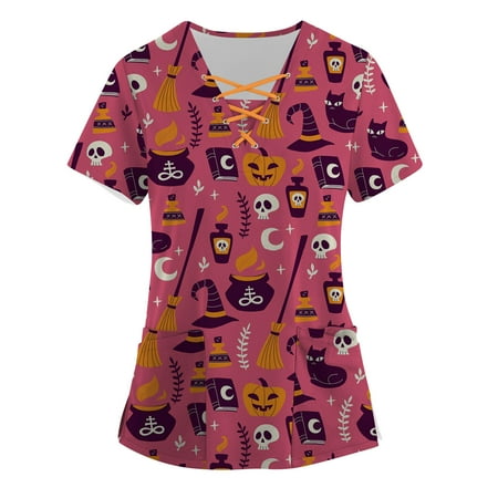 

Odeerbi Reduced Womens Tops Dressy Casual Blouse Shirts Trendy Short Sleeve V-Neck Working Uniform Festival Printing With Pocket Pink