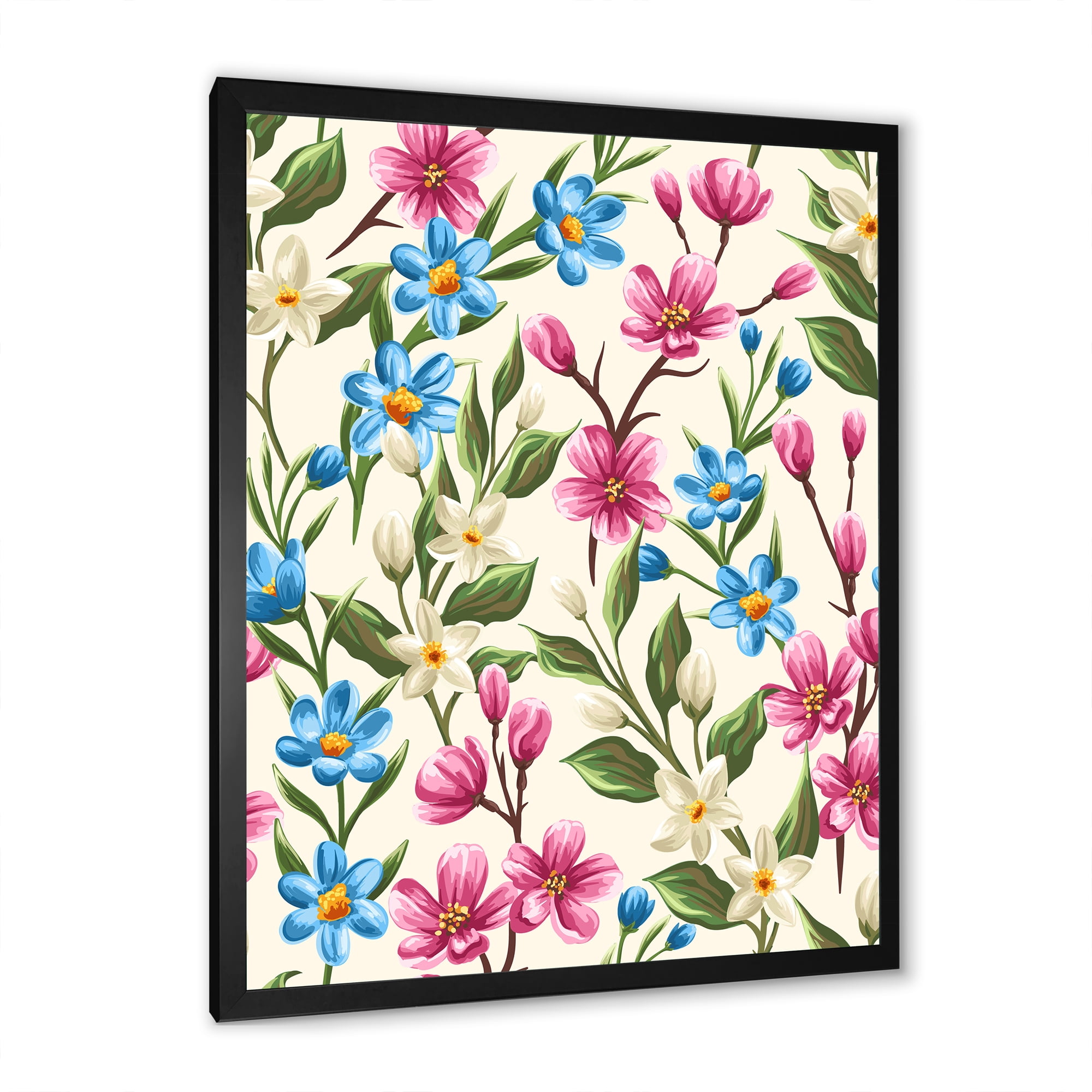 Designart 'Vintage Blue and Pink Wildflowers' Traditional Framed Art Print