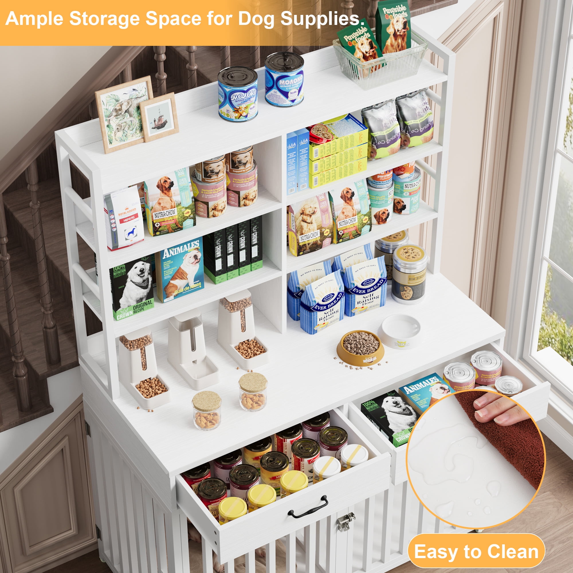 Homfa Dog Crate with 2-drawers and Storage Shelves, Indoor Furniture Style Metal Large Dog Kennel, White