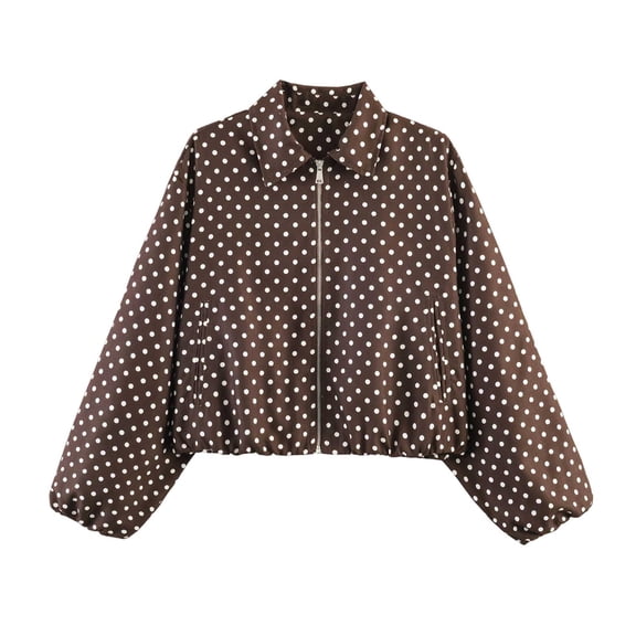MaFYtyTPR Women Loose Casual Jacket Polka Dot Collared Zip Up Bubble Cuff Cropped Jackets for Fall Winter Daily Street Wear A-Brown L