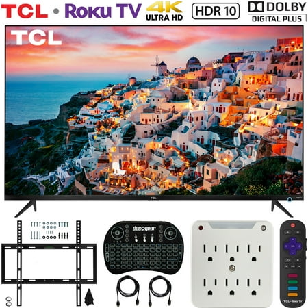 TCL 55S525 55-inch 5-Series Roku Smart HDR 4K UHD TV (2019) Bundle with Deco Mount Flat Wall Mount Kit, Deco Gear 2.4GHz Wireless Keyboard and 6-Outlet Surge Adapter with Night