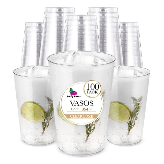Berry Bloom 100 Copas Reutilizables Transparentes Vasos Elegantes para Fiestas, Bodas, Postre, Cócteles, Vino (12 ONZAS)